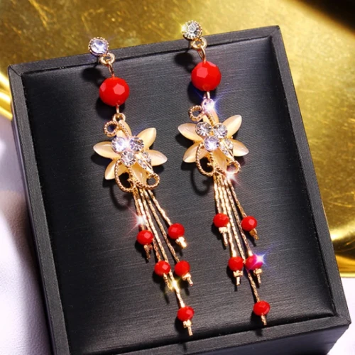 Chinese wind long tassel pendant Vintage Stud Earrings Elegant exquisite Prevent Allergy Women's Earrings Personality Trend