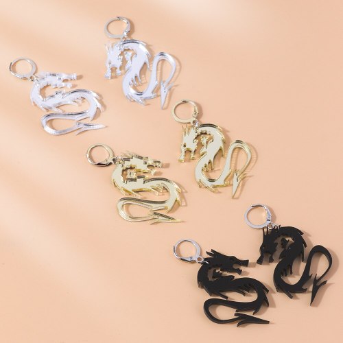 Chinese Style Mirror Surface Arcylic Dragon Earrings for Women Cool Black Gold Silver Color Twisted Animal Drop Earrings Jewelry