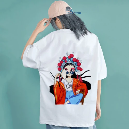 Over Size Pecking Opera Short-sleeved T-shirt Loose Summer Chinese Style  Top Clothing Women   Plus Size  Tees