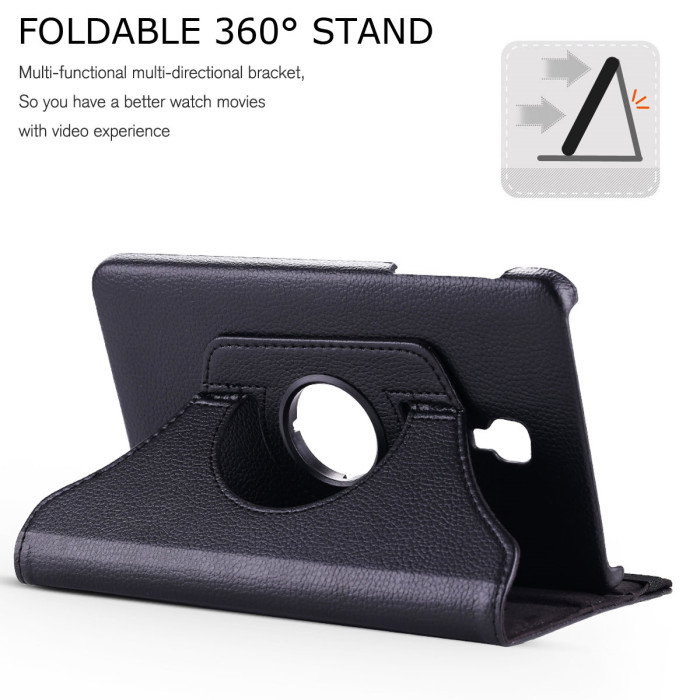 For Samsung Galaxy Tab  A 9.7 (2015) -T550/T555  Leather w/ Strap 360 Rotating Stand Cover-Black