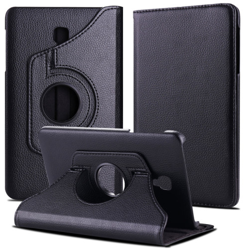 For Samsung Galaxy Tab  A 9.7 (2015) -T550/T555  Leather w/ Strap 360 Rotating Stand Cover-Black