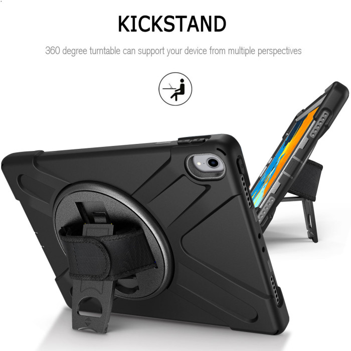 For iPad 9.7 6th Generation Rotating Kickstand Heavy Duty Rubber Cover Hand Strap-Black