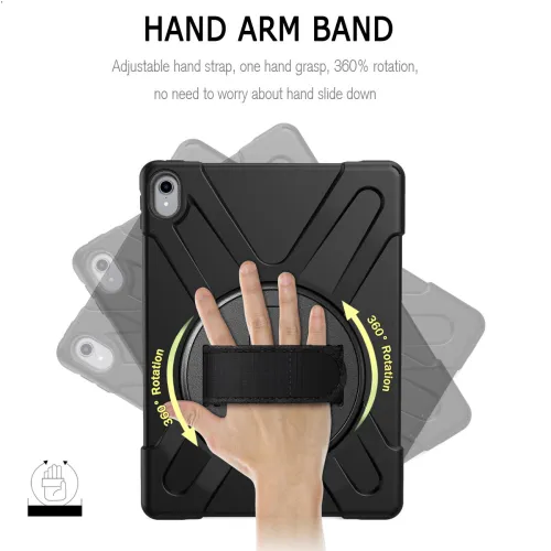 For iPad 9.7 6th Generation Rotating Kickstand Heavy Duty Rubber Cover Hand Strap-Black