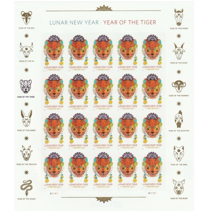 Lunar New Year Of The Tiger 2022 - 5 Sheets / 100 Pcs