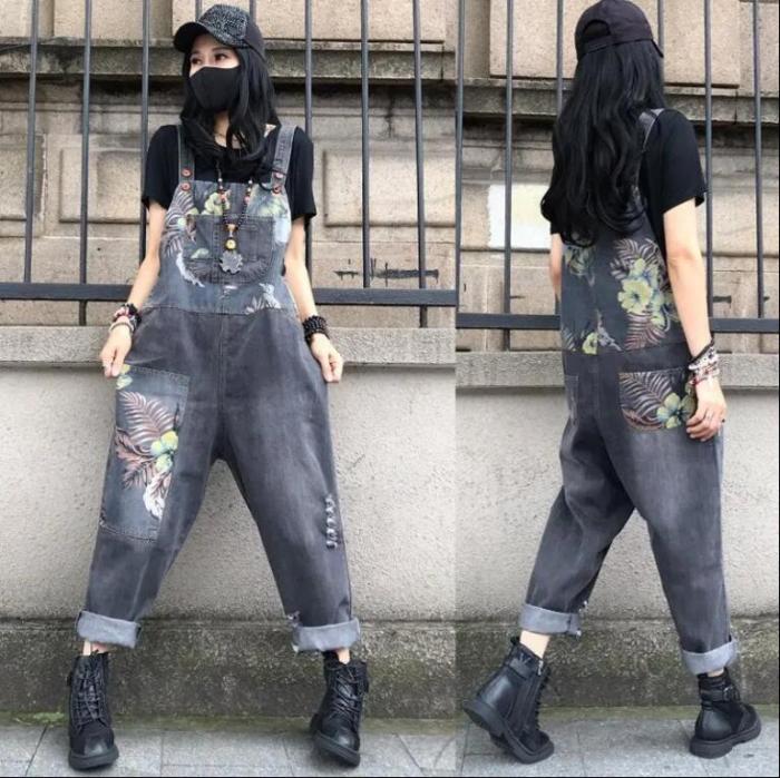 大碼寬松印花復古牛仔背帶褲