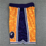 Hot Sale Los Angeles Lakers Co-branded Bape Basketball Shorts Stitched Yellow