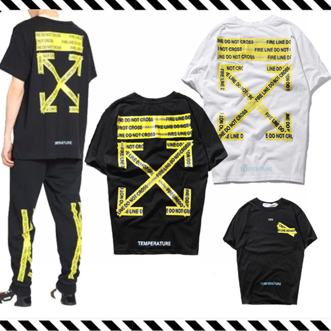 T-shirt European and American WHITE short-sleeved yellow warning strip printed loose T-shirt