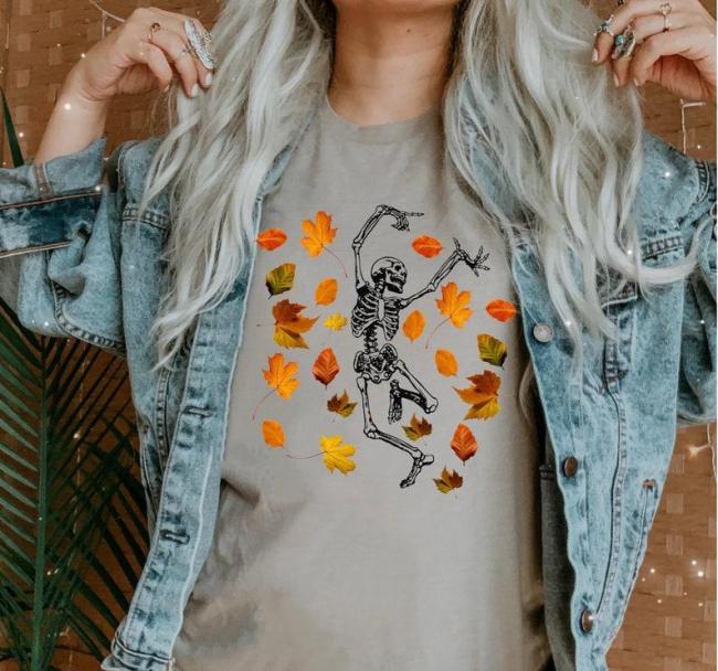 Dancing Skeleton Shirt, Fall Leaves Shirt for Women, Funny Halloween Skull Shirt, Cute Fall Tee, Skeleton Costume Trick or Treat Shirt