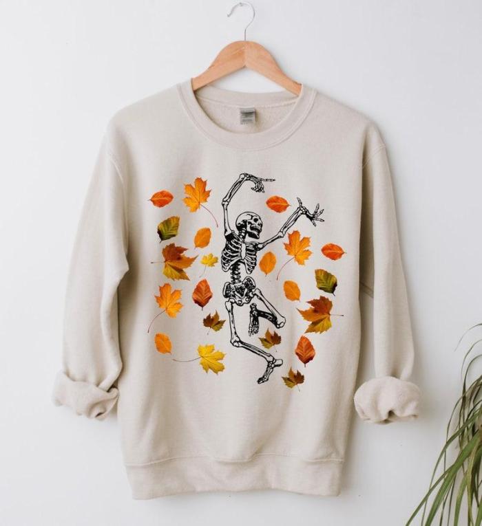 Fall Leaves Dancing Skeleton Shirt, Happy Halloween T-shirt, Halloween Tee sweatshirt, halloween costume shirt, women's halloween shirt gift