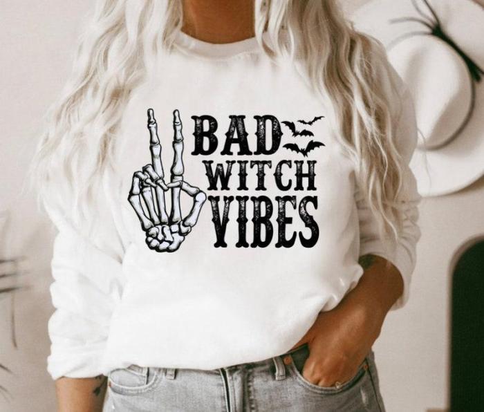 Bad Witch vibes halloween shirt, cute women's halloween sweatshirt, funny Fall halloween shirt, skeleton peace sign hands, Witch costume