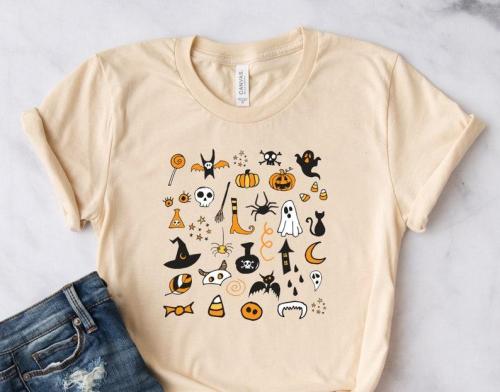 Halloween Little Doodles Shirt, Cute fall Halloween Tee Shirt, Halloween Graphic Illustration Art, Pumpkin Witch Ghost Spooky Mom Shirt