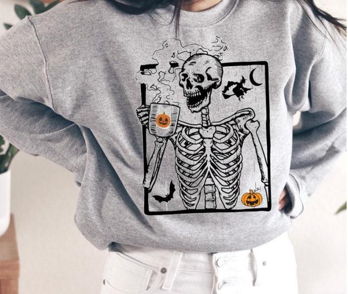 Skeleton Pumpkin Coffee Shirt, Skeleton Happy Halloween Costume, Halloween Shirt, Halloween Pumpkin Skull Sweatshirt, Funny Skull Halloween