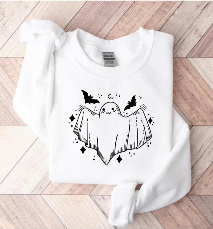 Cute Ghost Halloween Sweatshirt, Halloween Ghost Sweater, Cute ghost Top, Ghost Gift, Trick Treat Ghost Shirt Costume, women's Halloween tee