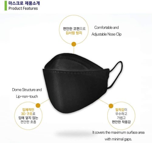 50 Pcs Black Disposable KF94 Masks, 4 Layer Filters Face Masks, Made in Korea