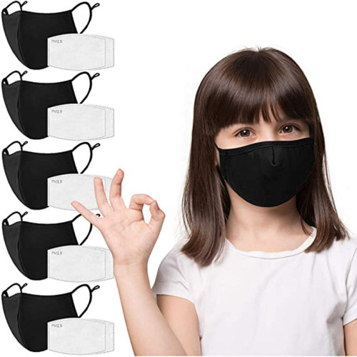 5 Pack Kids Reusable, Washable Black Facial Cotton Covering Children Face Mask Includes 10 Pcs Filters