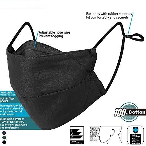 100% Cotton Washable Adjustable Breathable Fabric Mask with Filter Pocket (3Black+3Green)