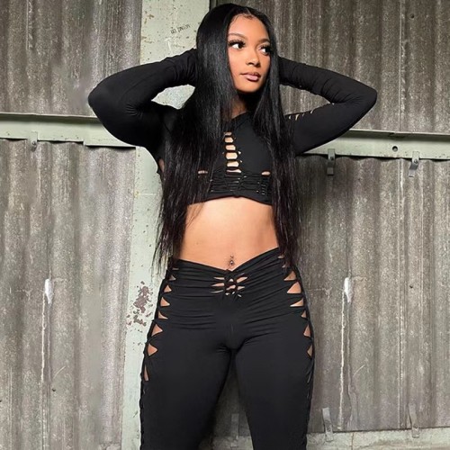Sexy Hole Design Long Sleeve Two Piece Set