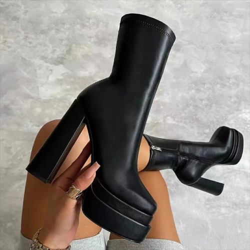 Platform High Heel Ankle Leather Boots
