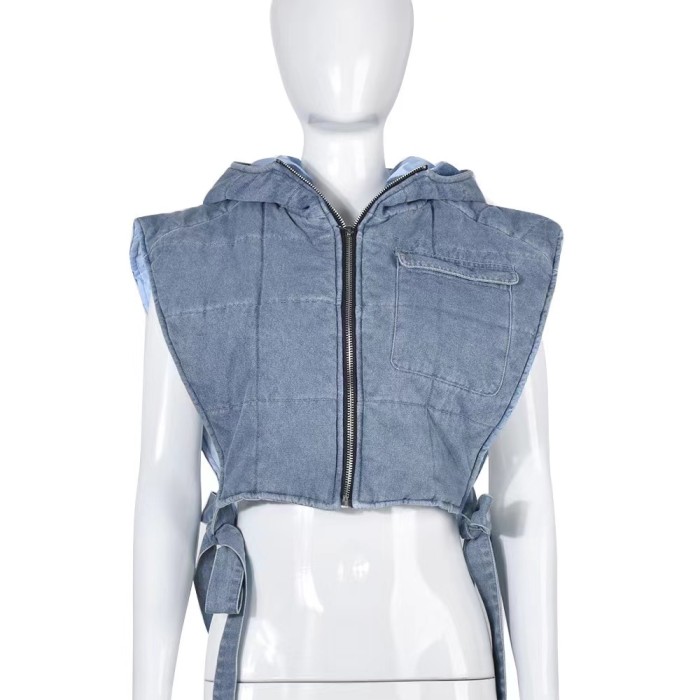 Cotton Denim Crop Bubble Vest Jacket
