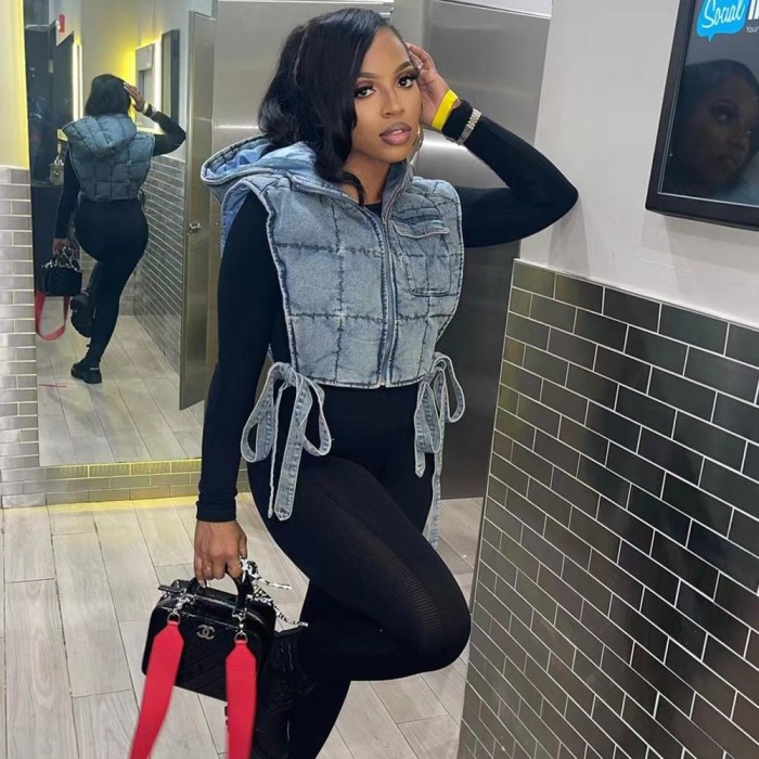 Cotton Denim Crop Bubble Vest Jacket