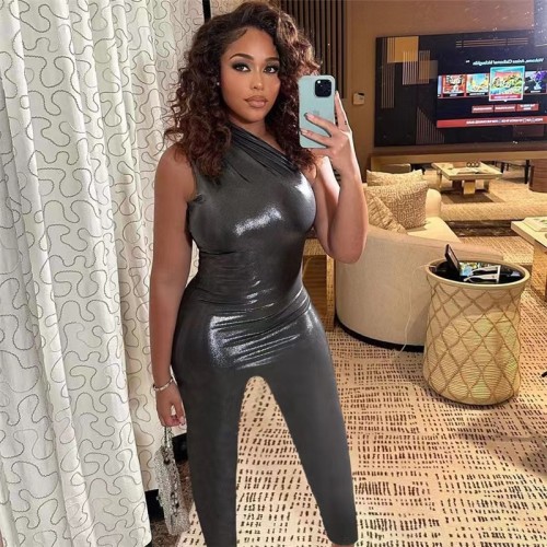 One Shouler Leather Jumpsuit Bodycon Romper