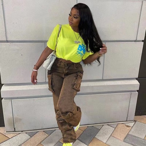 Trendy Straight Cargo Denim Pants None Stretch