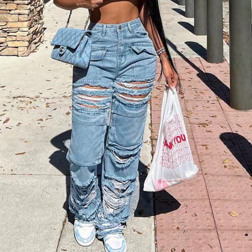 Ripped Cotton Denim Straight Pants Low Stretch