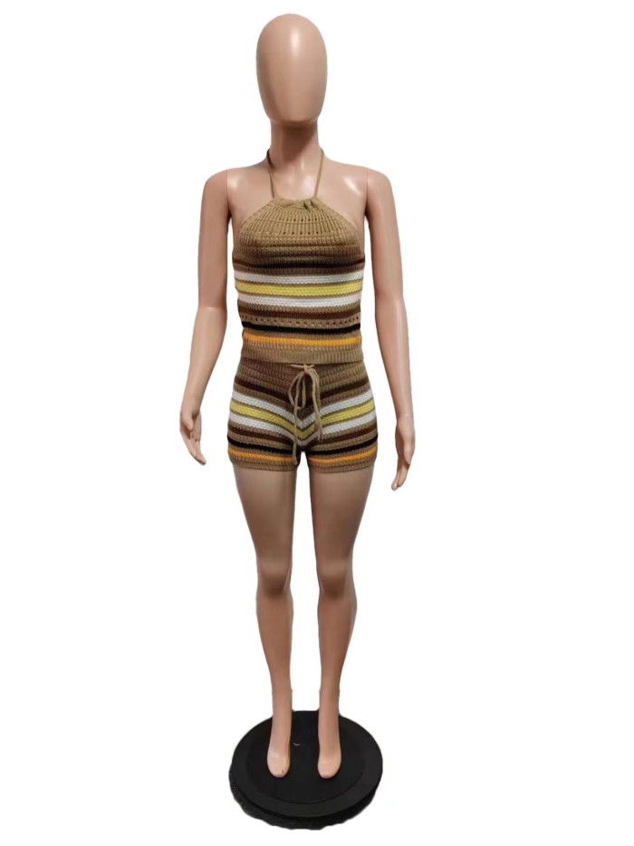 Knit Colorful Halter Tank Top Shorts Set