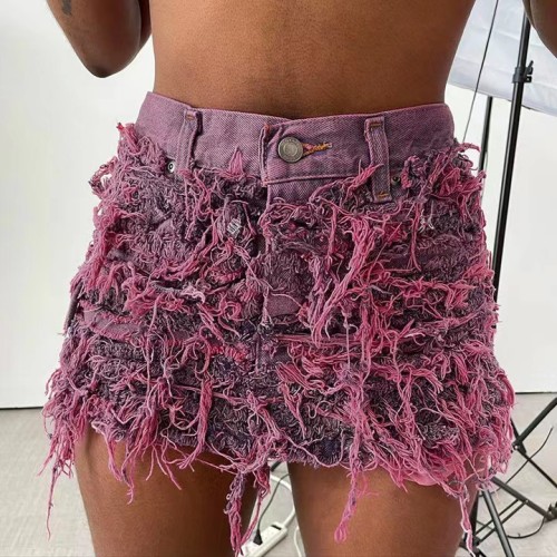 Cotton Ripped Denim Mini Skirt None Stretch