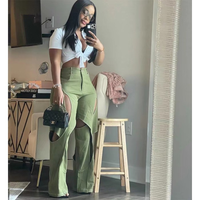 Cotton Runway Hollow Out Denim Pants None Stretch