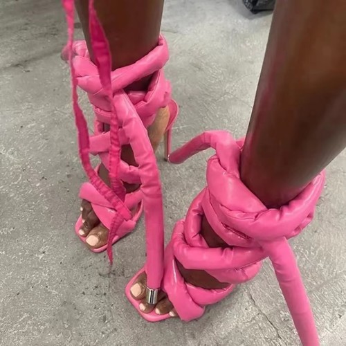 Fancy Leather Wrap Stiletto High Heels Square Toe Wrap Sandals 