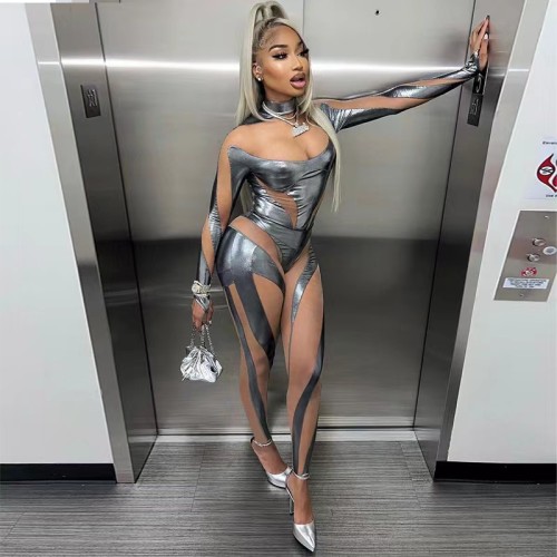 Silver Mesh See Through Tops Jumpsuit