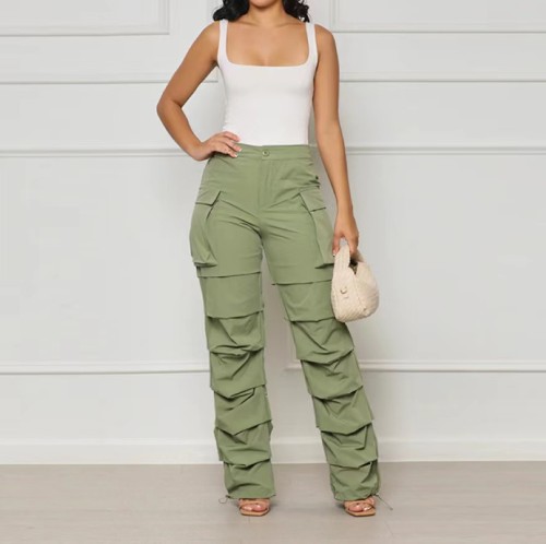 Wide Straight Cargo Casual Pants Waist Stretch