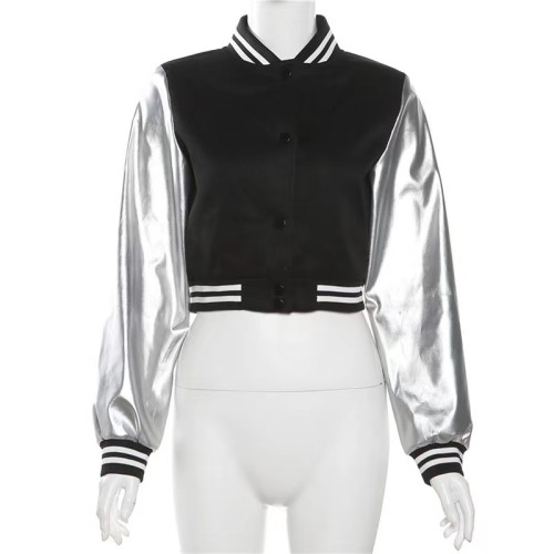 That Girl Leather Patchwork Crop Bomber Jacket 