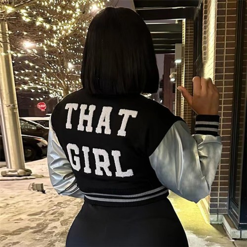 That Girl Leather Patchwork Crop Bomber Jacket 