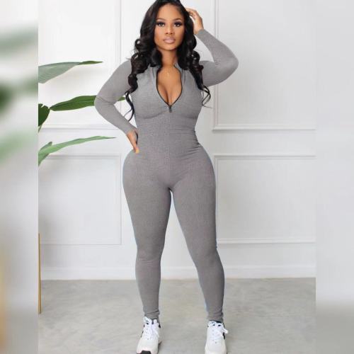 Rib Zipper Front Casual One Piece Jumpsuit