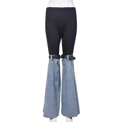 Denim Patchwork Flares Casual Pants High Stretch