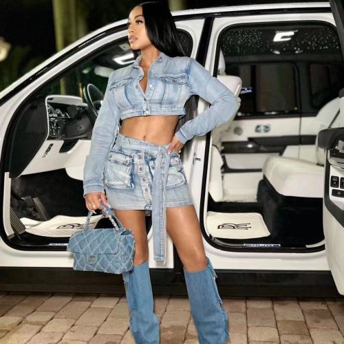 Denim Crop Jacket Mini Skirt Set Low Stretch