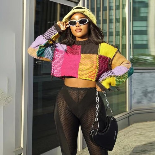 Fall Winter Knit Patchwork Crop Sweater Top