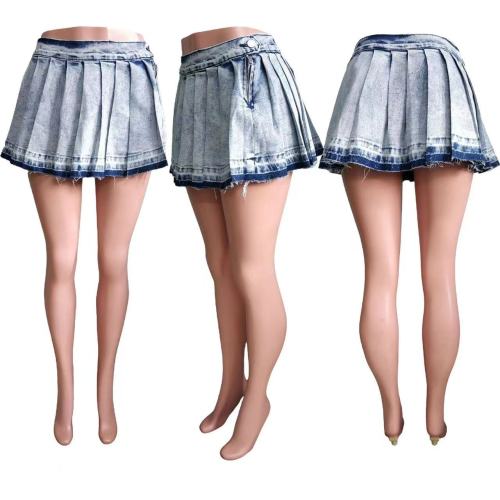 Sexy Cotton Pleated Denim Mini Skirt High Stretch