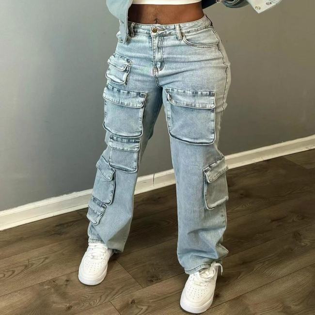 Cotton Denim Cargo Straight Pants Midi Stretch