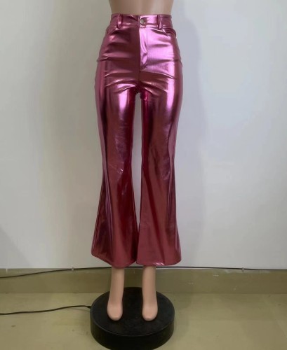 Hot Pink Leather Flares Stretch Pants