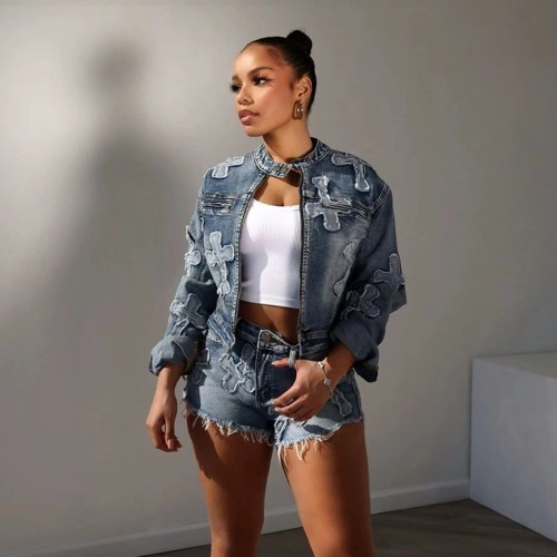 Cross Denim Crop Jacket Shorts Set None Stretch