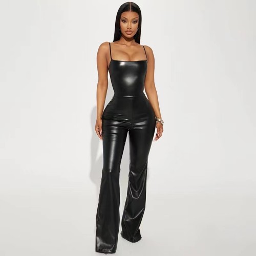 Leather Straps Bodycon Flares Jumpsuit