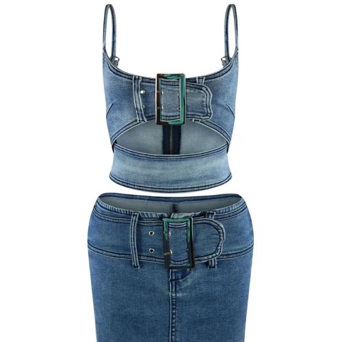 Sexy Denim Tank Top Mini Skirt Set High Stretch