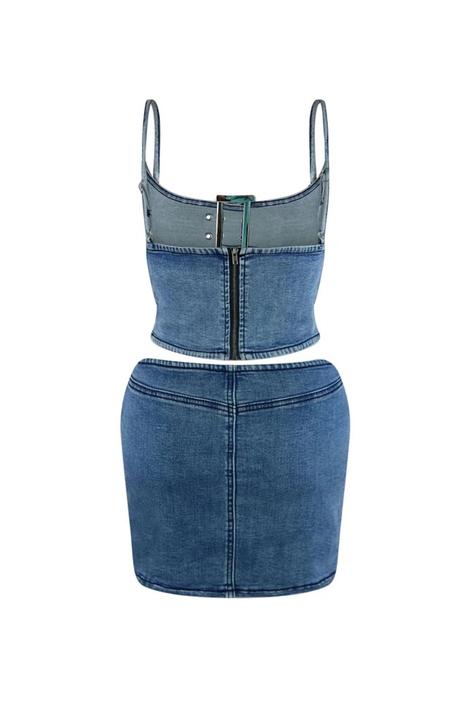 Sexy Denim Tank Top Mini Skirt Set High Stretch