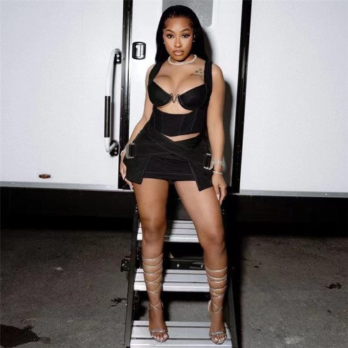 Sexy Black Tank Top Mini Skirt Set Low Stretch