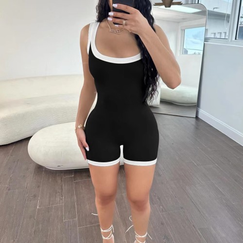 Rib Solid Color Shorts Jumpsuit