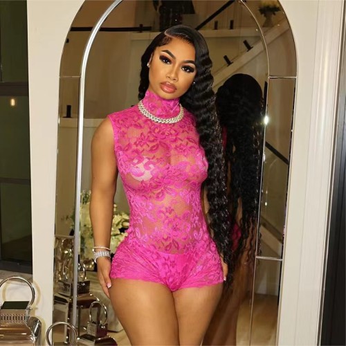 Hot Pink Mesh See Through Jumpsuit