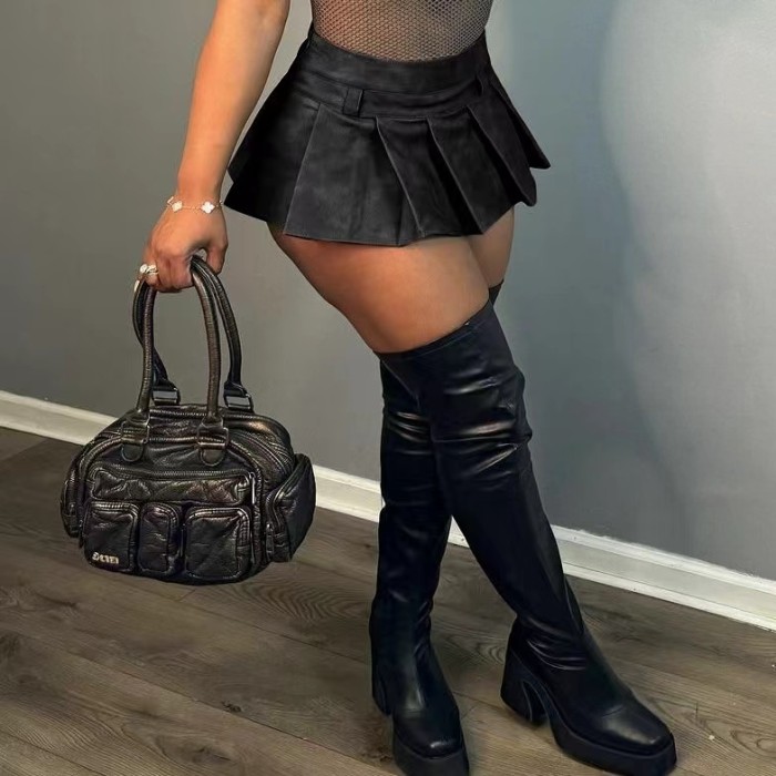 High Waist Leather Pleated Mini Skirt Low Stretch